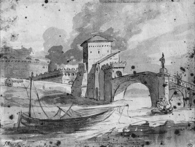 View of the Tiber near the bridge and the castle Sant